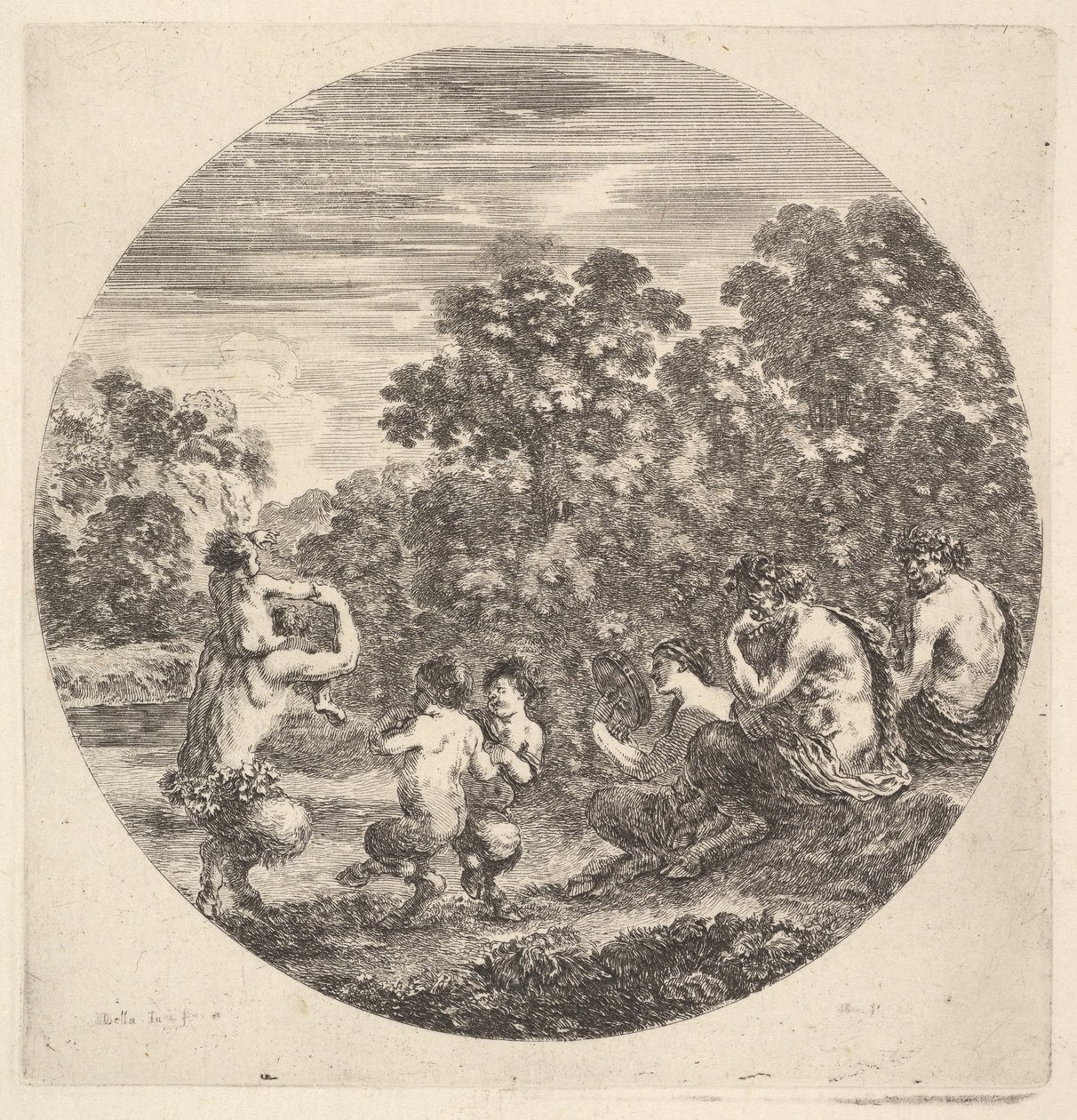 Dois sátiros e um fauno sentado à direita assistindo dois sátiros infantis e outro sátiro w ..., ca. 1643-48. de Stefano della Bella