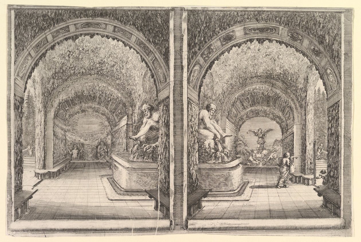 Duas vistas de uma gruta, ambas vistas com uma fonte com uma estátua sentada, vista do ..., ca. 1653 de Stefano della Bella