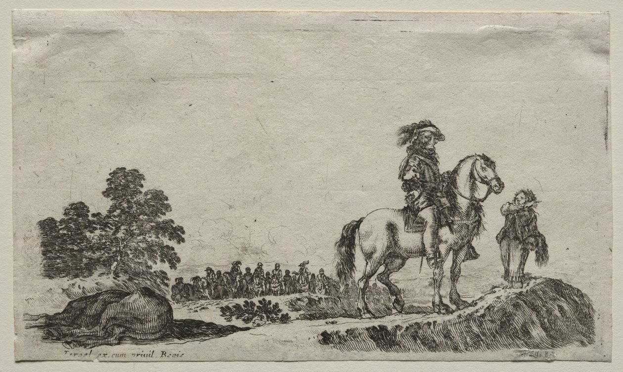 Várias figuras e paisagens: um cavaleiro perdido que investiga o caminho, 1649. de Stefano della Bella