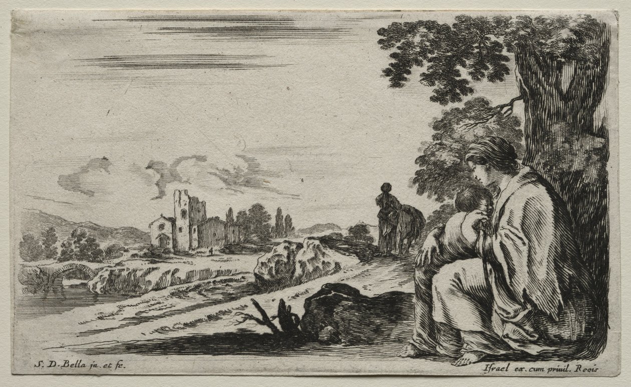 Várias figuras e paisagens: uma pobre enfermeira sentada debaixo de uma árvore, 1649. de Stefano della Bella