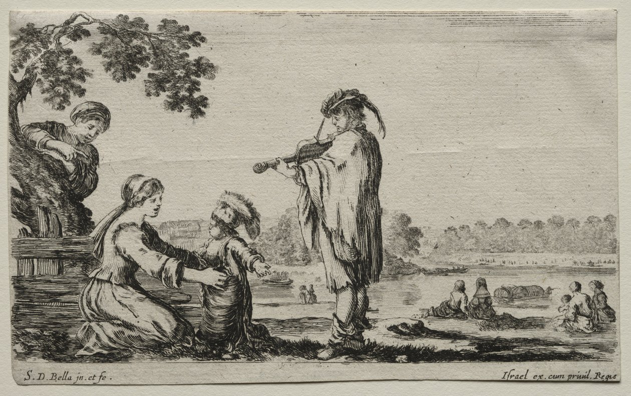 Várias figuras e paisagens: um violinista, 1649. de Stefano della Bella