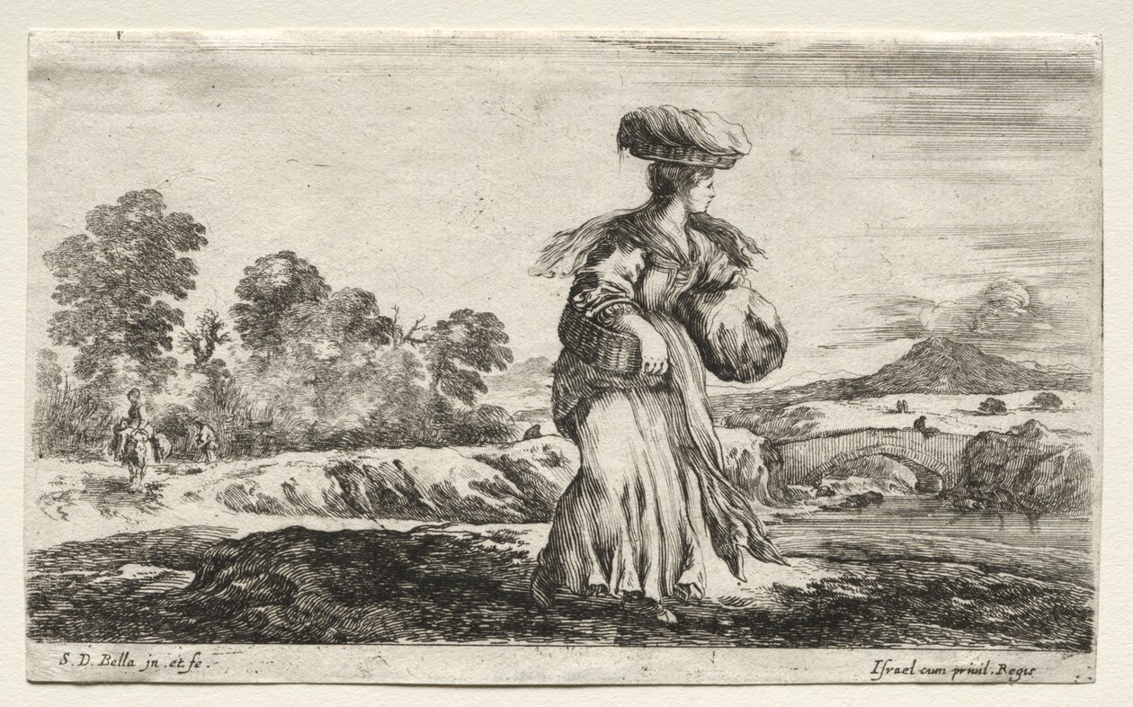 Várias figuras e paisagens: camponesa carregando uma cesta na cabeça, 1649. de Stefano della Bella