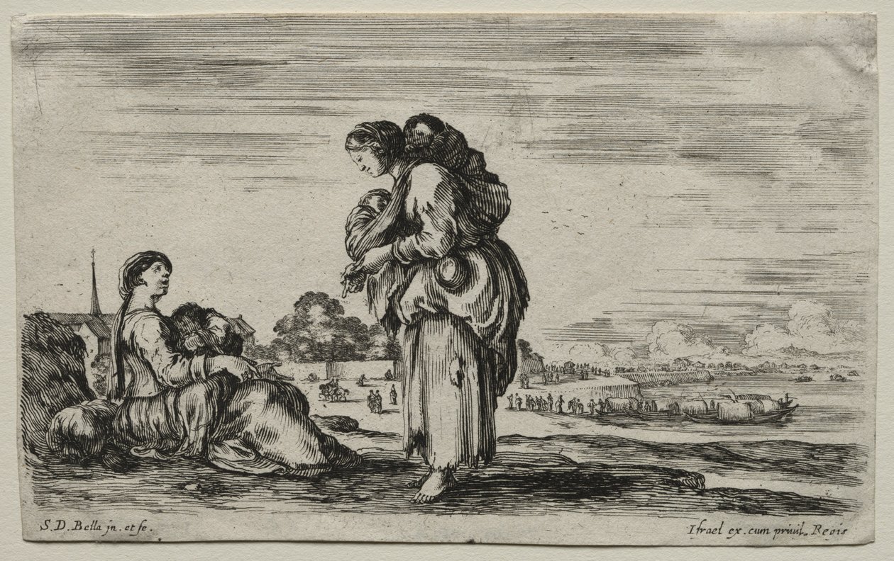 Várias figuras e paisagens: duas mães conversando juntas, 1649. de Stefano della Bella