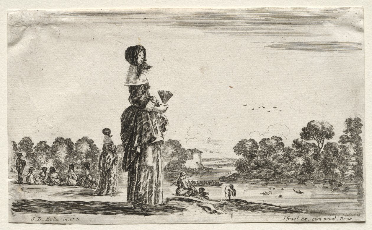 Várias figuras e paisagens: mulheres observando banhistas ao longo de um rio de Stefano della Bella