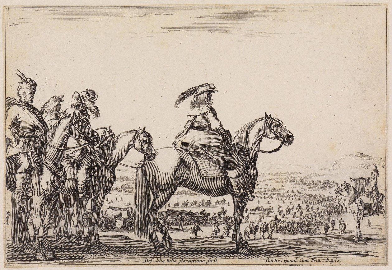 Várias figuras (Varie figure): Exército em marcha na planície. Na colina, em primeiro plano, o comandante e os seus acompanhantes; à direita, o trompetista de Stefano della Bella