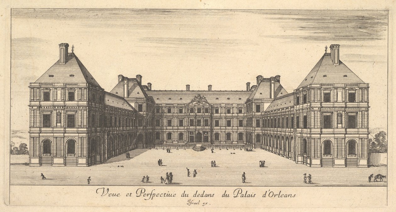Vista e perspectiva do interior do Palais dOrleans, a partir de várias vistas do restante ..., 1649-51. de Stefano della Bella
