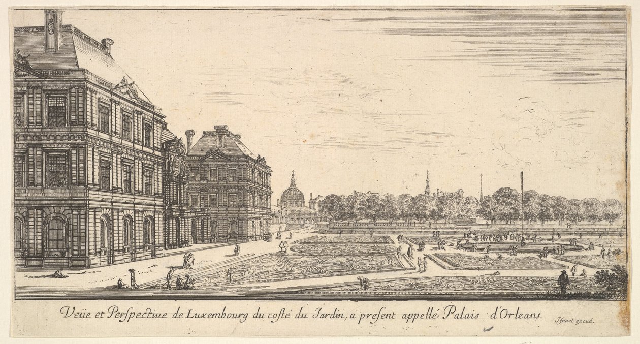Vista do Luxemburgo do lado do jardim do Palais dOrleans, de Various views of ..., 1649-51. de Stefano della Bella