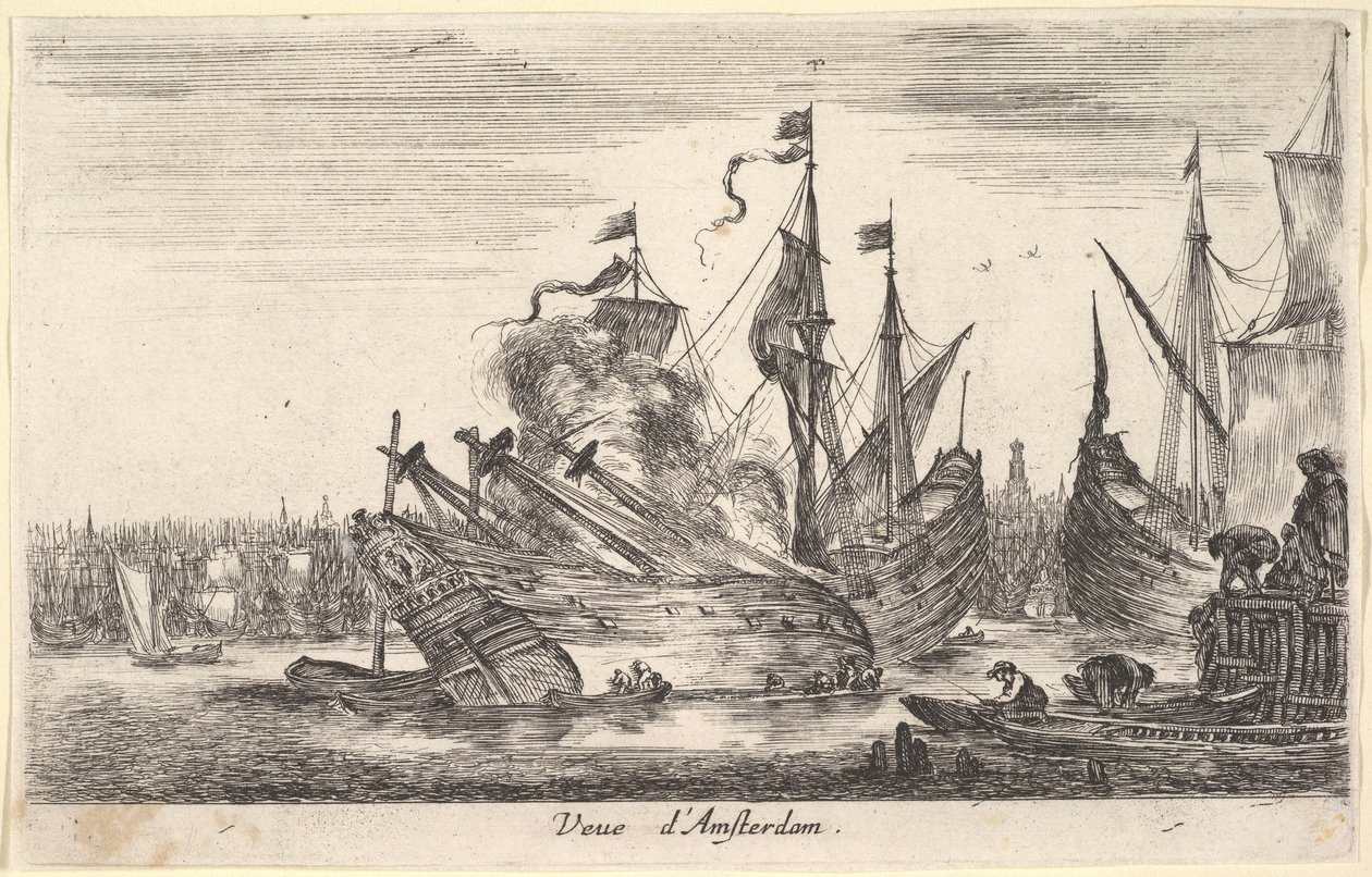 Vista do porto de Amsterdã, Veue dAmsterdam, homens em barcos a remos trabalham em um navio no centro ..., 1647. de Stefano della Bella