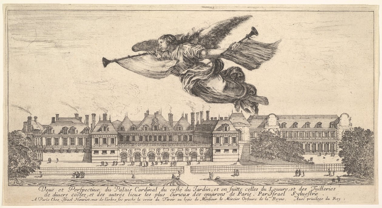 Vista do Cardeal Palais, a figura da fama no topo, voando em direção à esquerda, ..., 1649-51. de Stefano della Bella