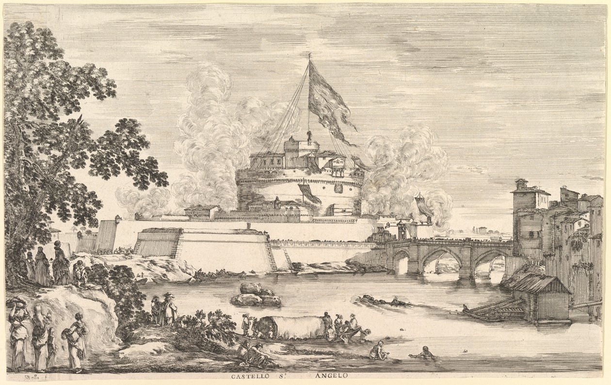 Vista do rio Tibre, uma grande árvore à esquerda, dois grupos de mulheres à esquerda na frente ..., ca. 1656 de Stefano della Bella