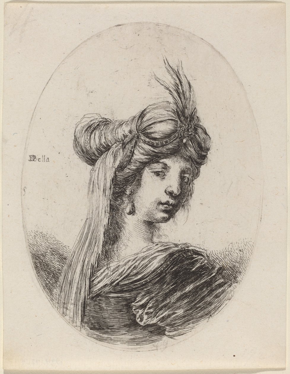 Mulher em um turbante emplumado com um véu, virado à direita, 16491650. de Stefano della Bella