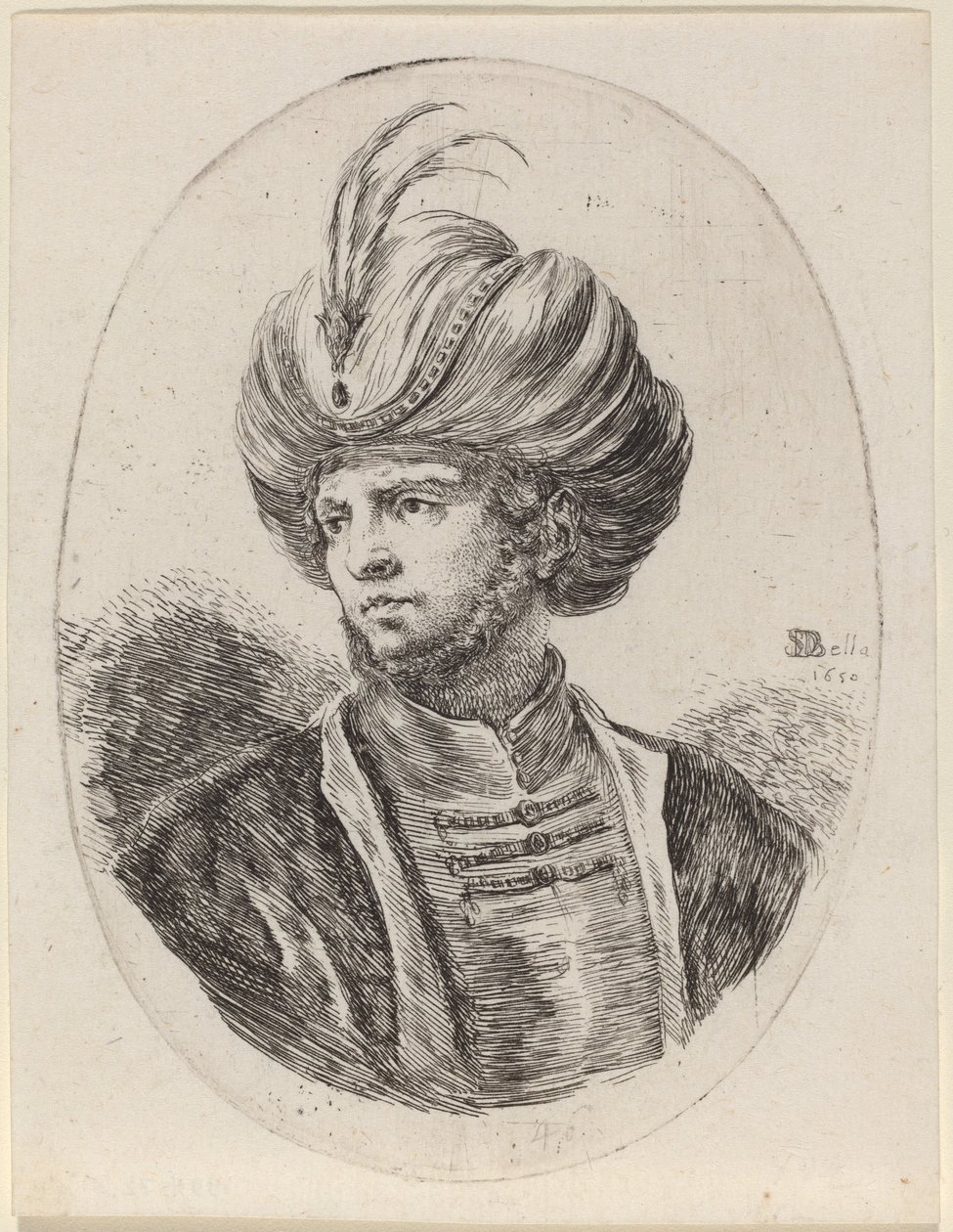 Mouro jovem com barba rala e turbante emplumado, virado à esquerda de Stefano della Bella