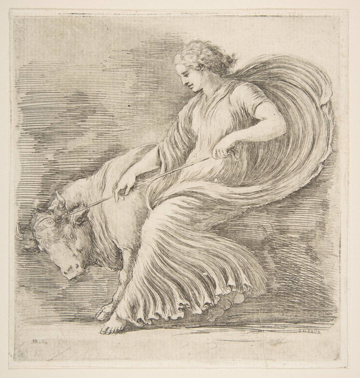 Jovem mulher tentando parar um touro, ca. 1660 de Stefano della Bella
