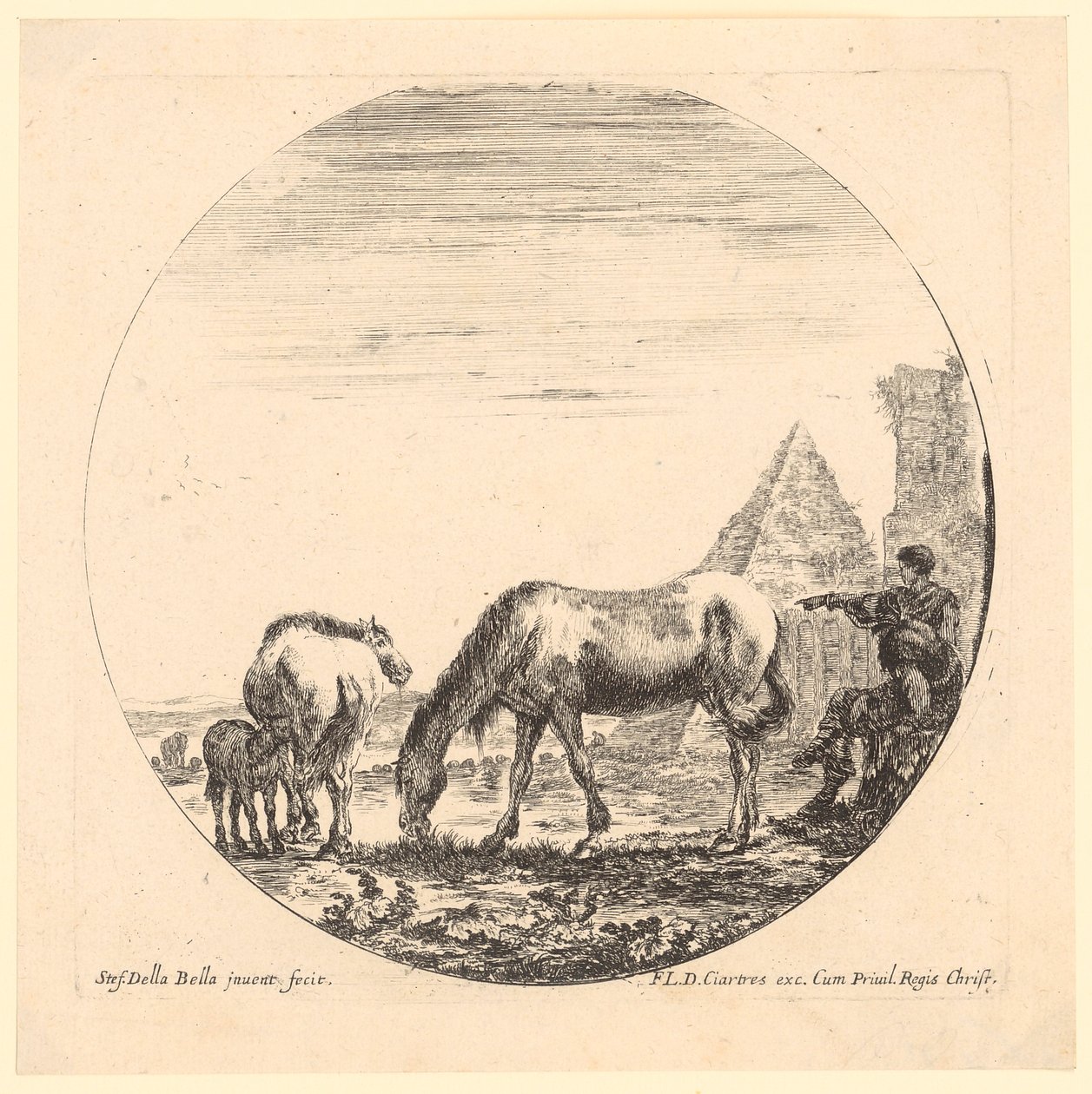 Dois cavalos com potros e dois pastores junto à pirâmide de Caio Céstio de Stefano della Bella