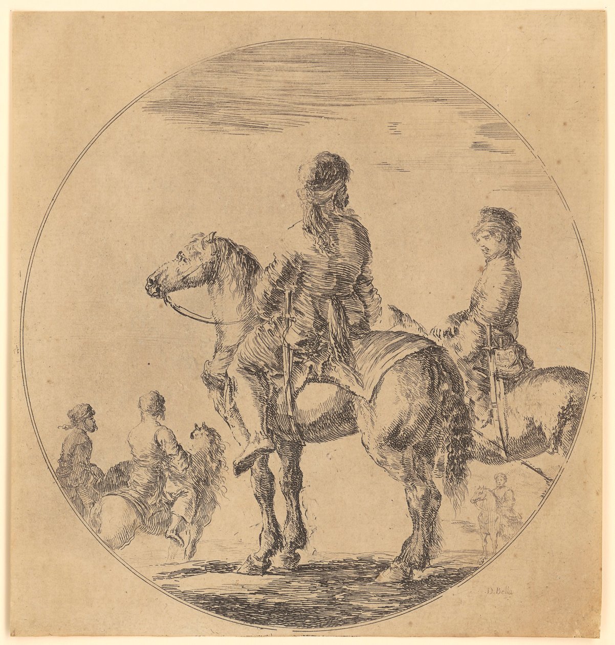 Dois cavaleiros polacos virados para a esquerda, o da frente visto de costas de Stefano della Bella