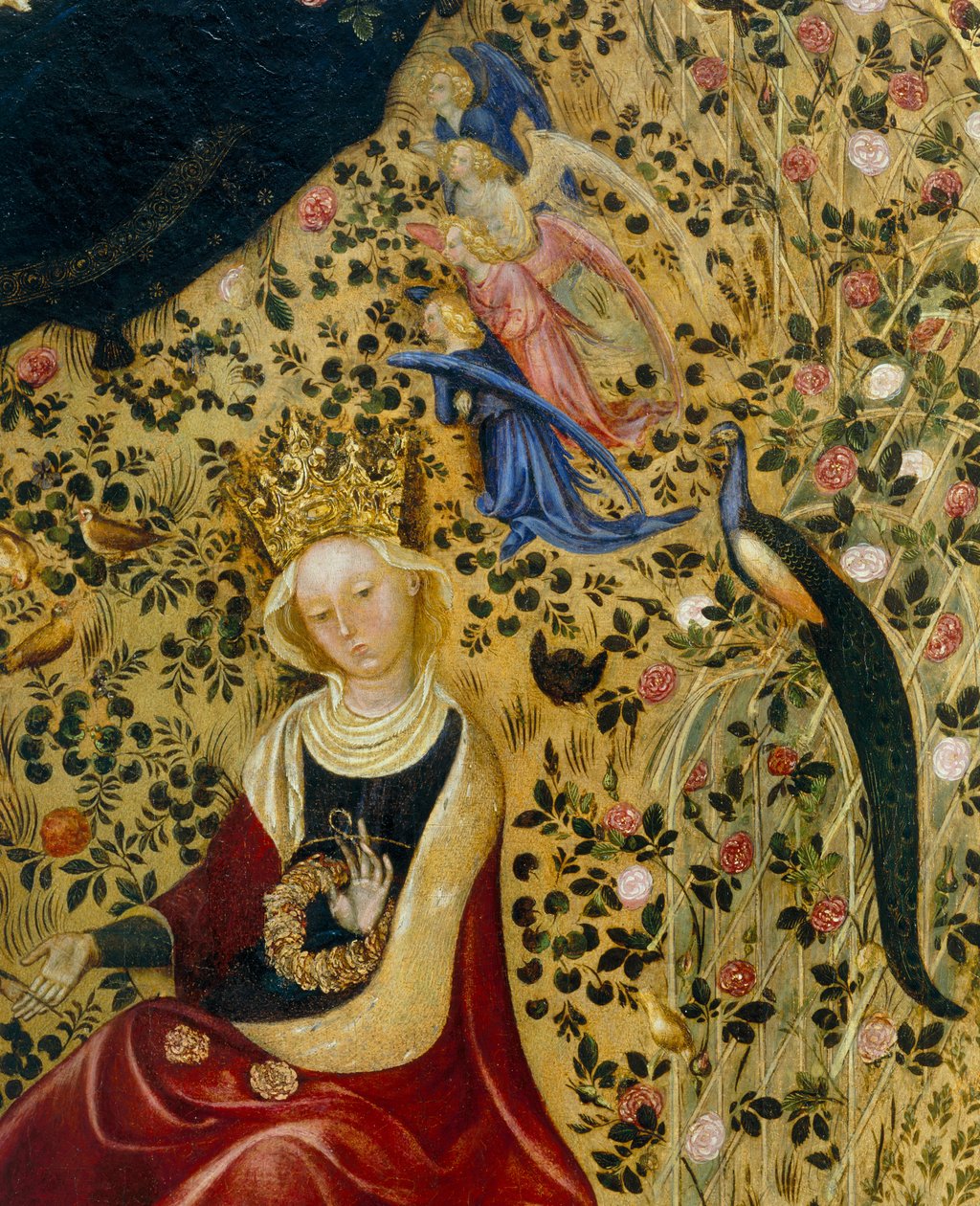 Santa Catarina de Alexandria rodeada de anjos e um pavão, detalhe da Madonna del Roseto de Stefano di Giovanni da Verona