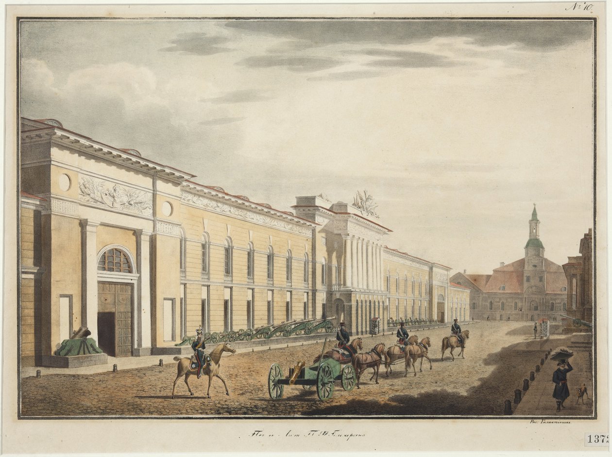 Vista do Novo Arsenal na Av. Liteyny (perspectiva Liteiny) - Stepan Philippovich Galaktionov (1779-1854). Litogravura, aguarela de Stepan Philippovich Galaktionov