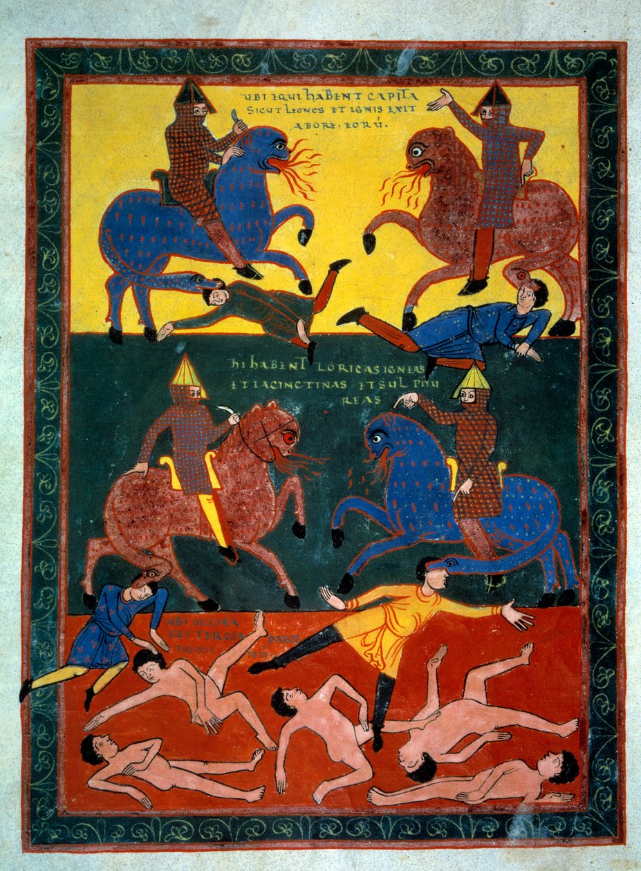 Os Quatro Cavaleiros do Apocalipse. O anjo toca a sexta trombeta: o aparecimento de cavalos com a cabeça de leão a cuspir fogo, cavaleiros montados com navios de guerra. Um terço dos homens perece. Miniatura em "Beatus de Liebana, Comentário sobre o Apocal de Stephanus Garcia