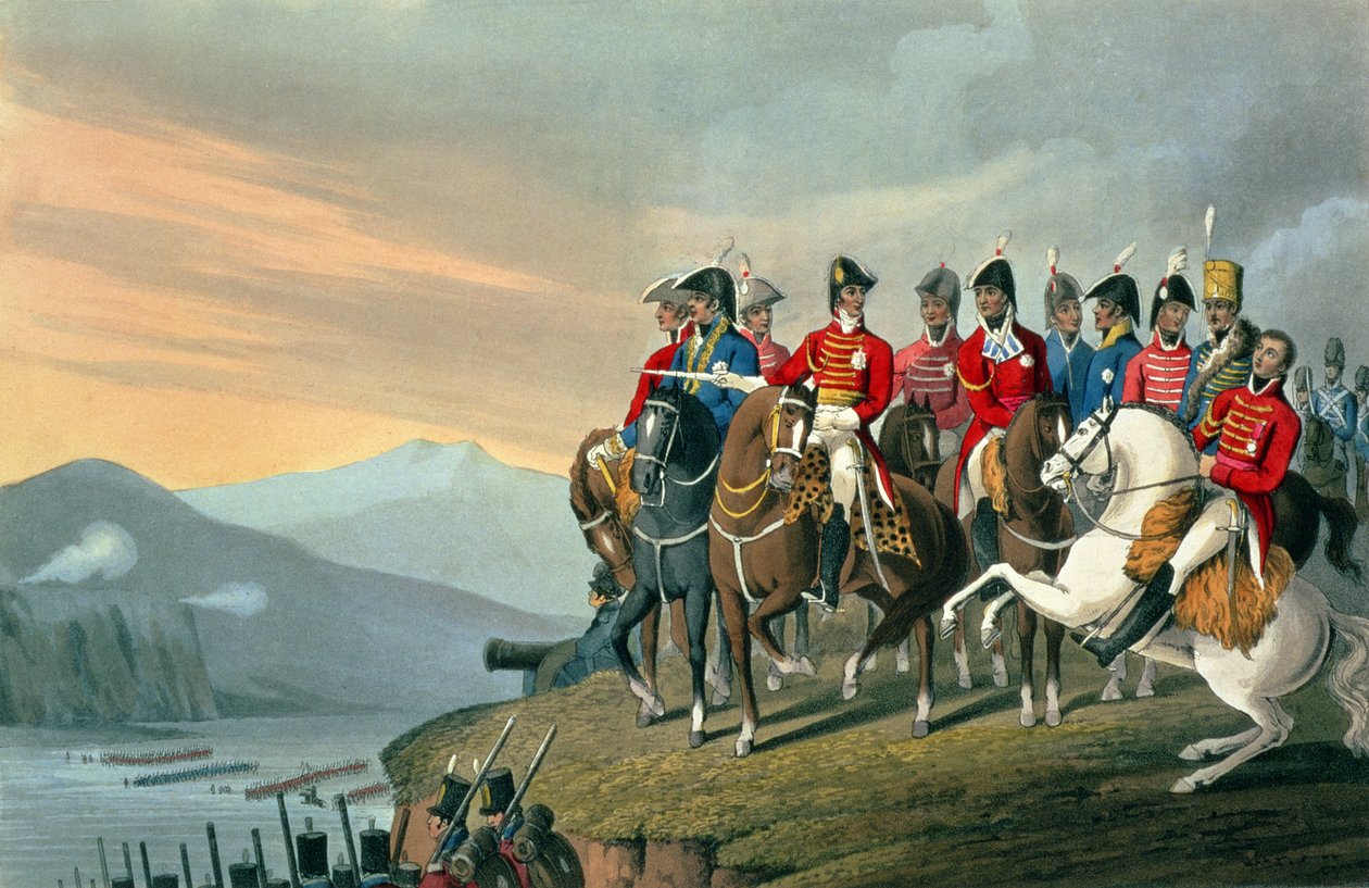 O duque de Wellington e sua equipe cruzando o Bidassoa e entrando na França, 1813, gravada por Matthew Dubourg (fl.1813-20) de histórico, militar e anedotas navais, pub. por Edward Orme (1774-c. de Hyacinthe Francois Rigaud