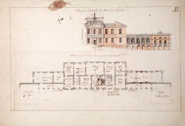 Planta baixa e elevação para villa, 1763 (grafite, caneta e tinta marrom e papel) de Stephen Riou