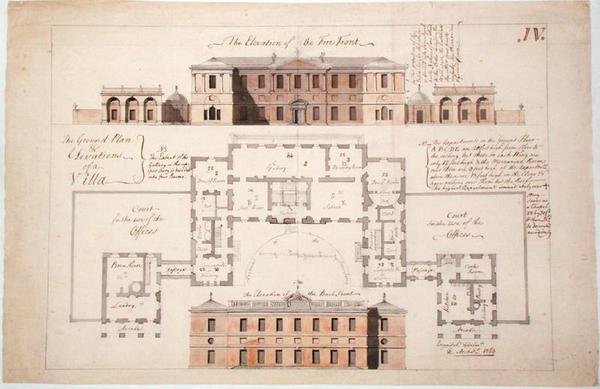 Planta baixa e elevações para uma villa substancial, 1770 (grafite, caneta e tinta e papel lavado) de Stephen Riou