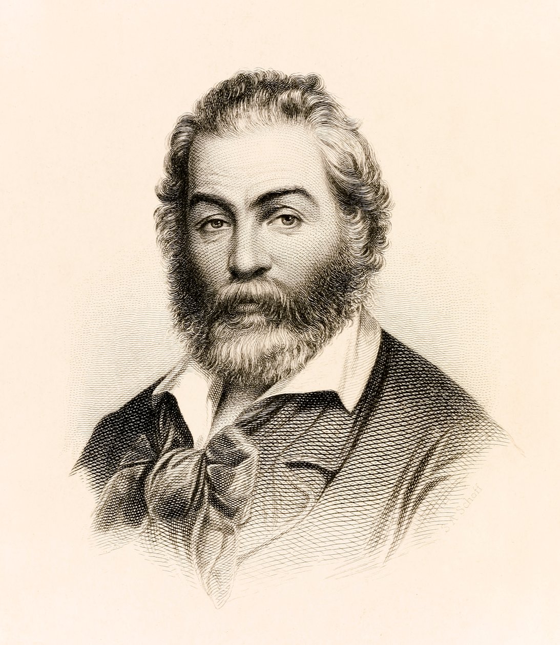 Frontispício de uma edição de 1860 de "Leaves of Grass", uma coleção de poesia do poeta americano Walt Whitman de Stephen Alonzo Schoff