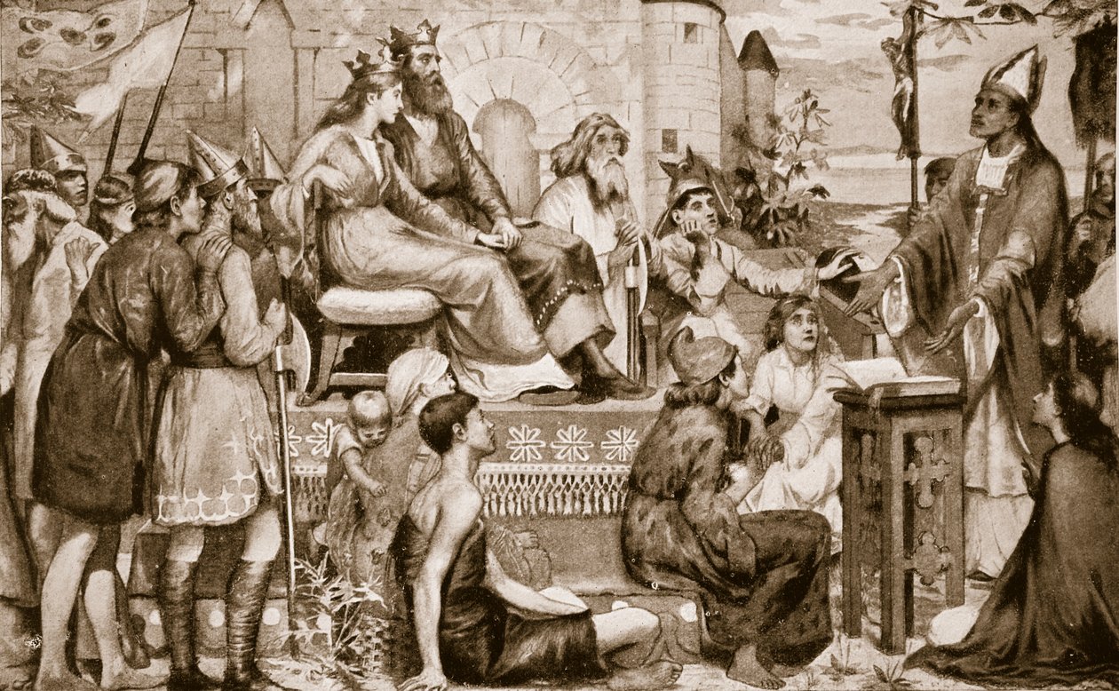 Santo Agostinho pregando aos saxões, 597, ilustração da "Hutchinson&39;s Story ofthe British Nation", c.1920 de Stephen Briggs Carlil