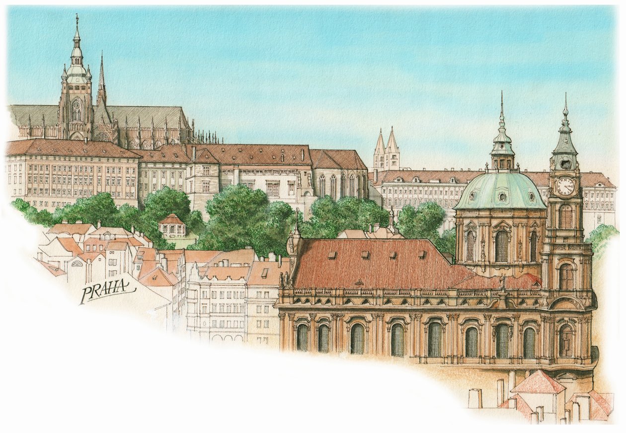 Uma vista de Praga, c.1900-2023 (tinta e aguarela) de Stephen Conlin