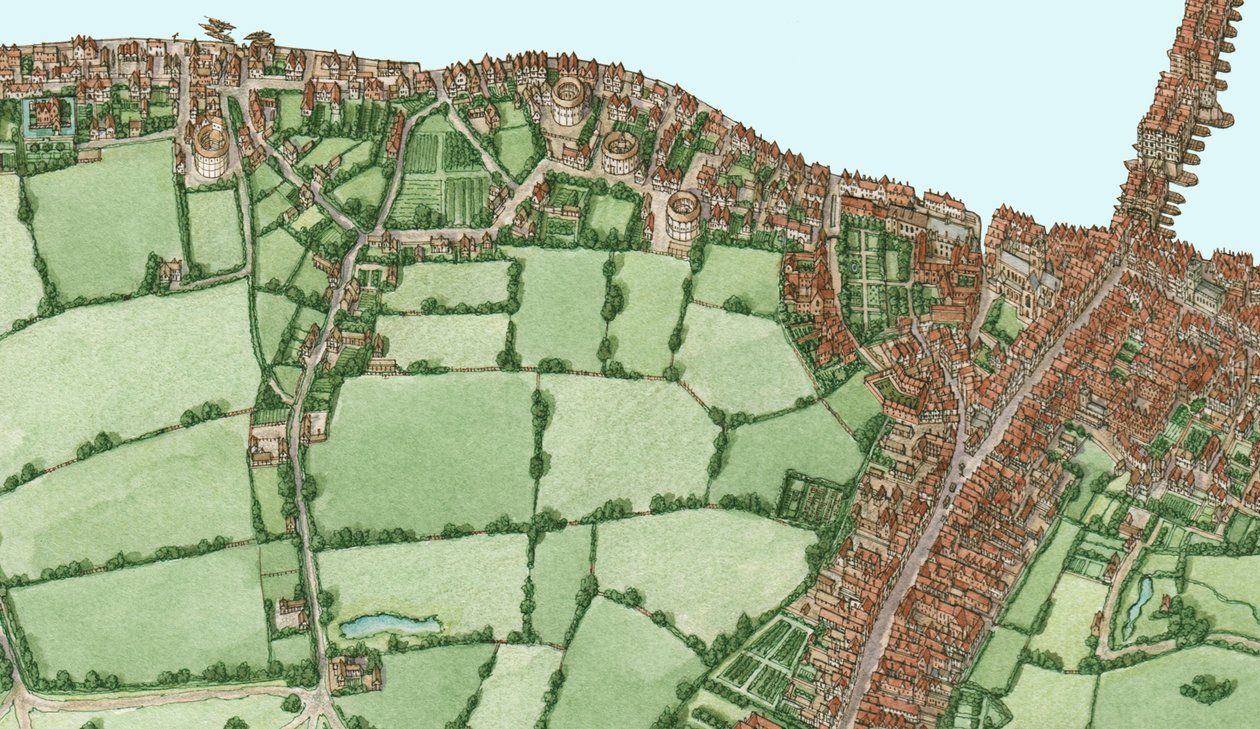 Bankside e Southwark, Londres, cerca de 1600-25, 2021 (tinta e aguarela, digital) de Stephen Conlin