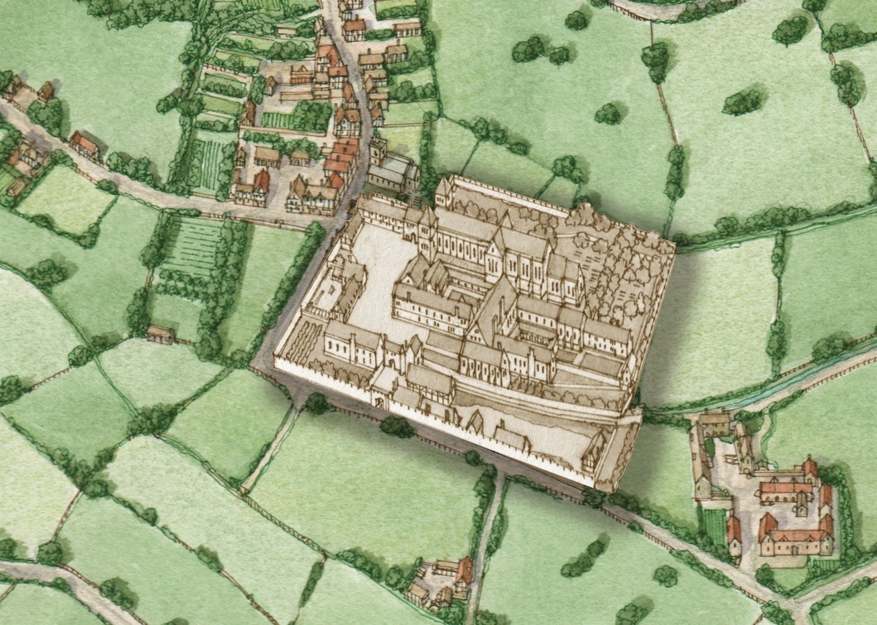 Bermondsey, Londres, cerca de 1600, com inserção da Abadia da Pré-Reforma, 2021 (tinta e aguarela, digital) de Stephen Conlin