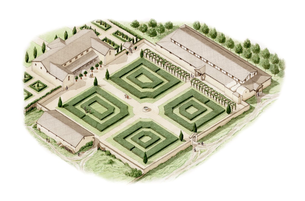 Villa romana de Brading, Ilha de Wight (desenhada em 2012), c.350-400 (tinta e aguarela) de Stephen Conlin