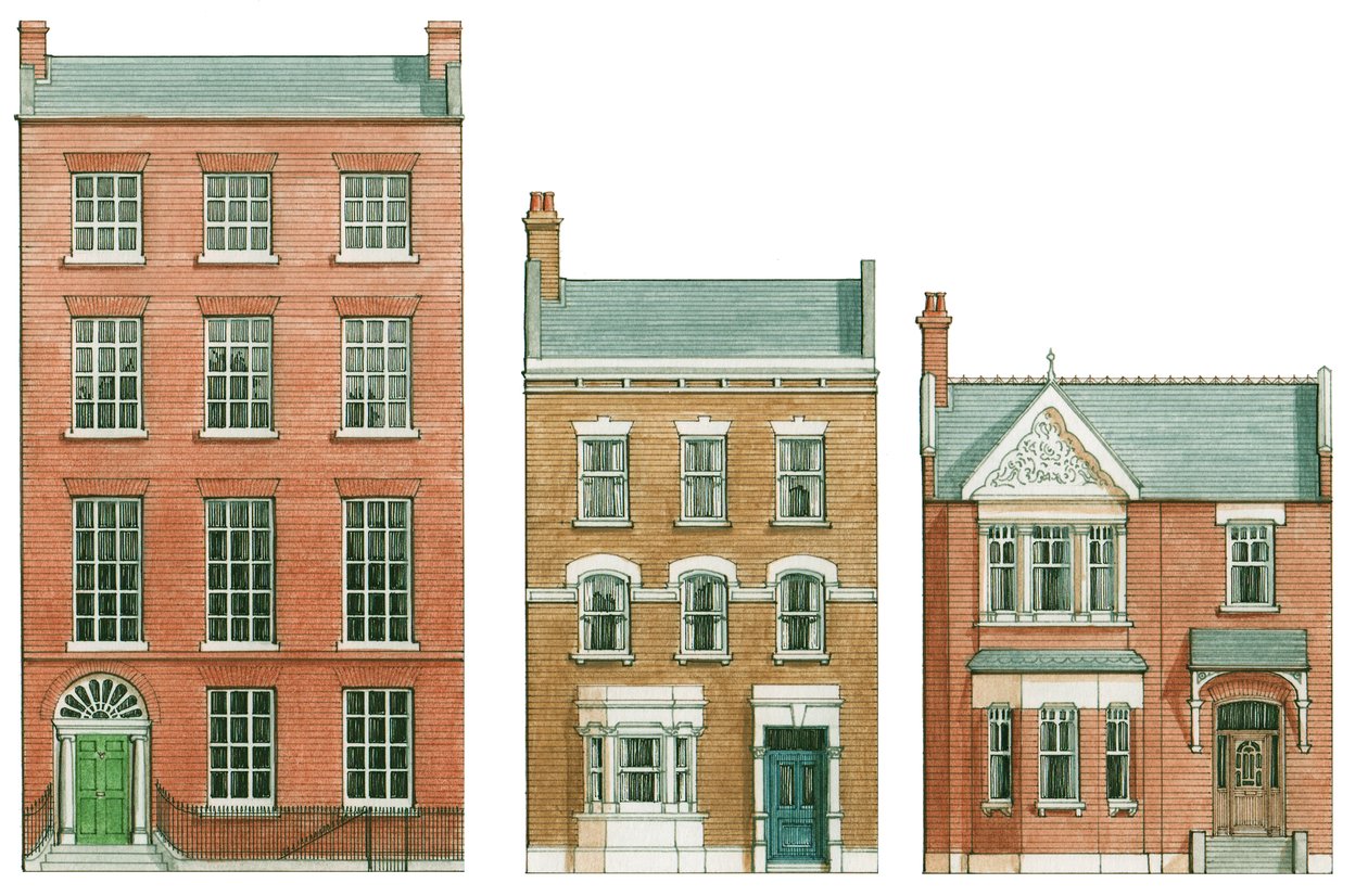 Estilos de casas britânicas, c.1750-1910 (tinta e aguarela) de Stephen Conlin
