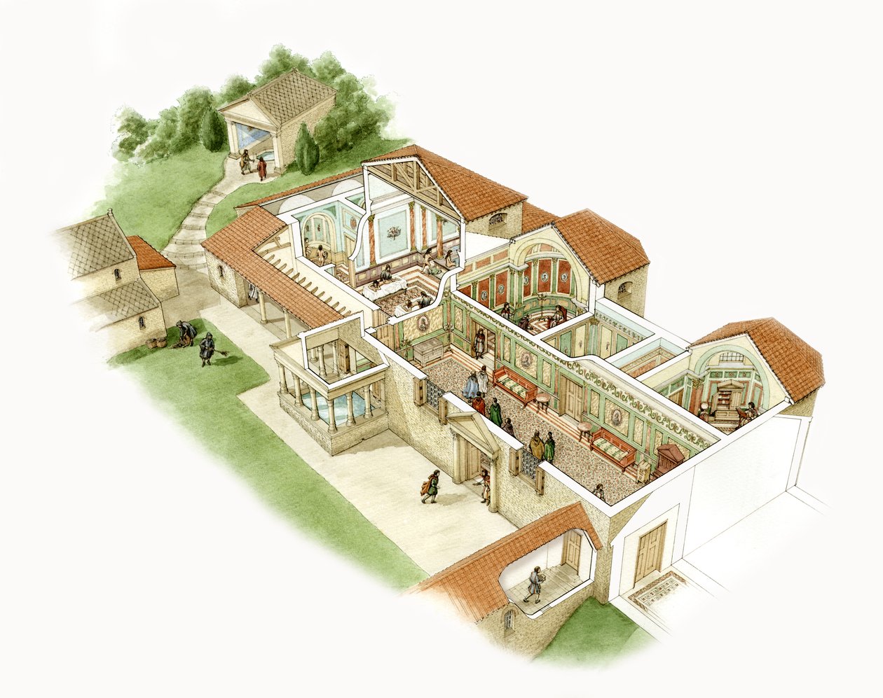Vila Romana de Chedworth, c.380-390 d.C. (tinta e aguarela sobre papel) de Stephen Conlin