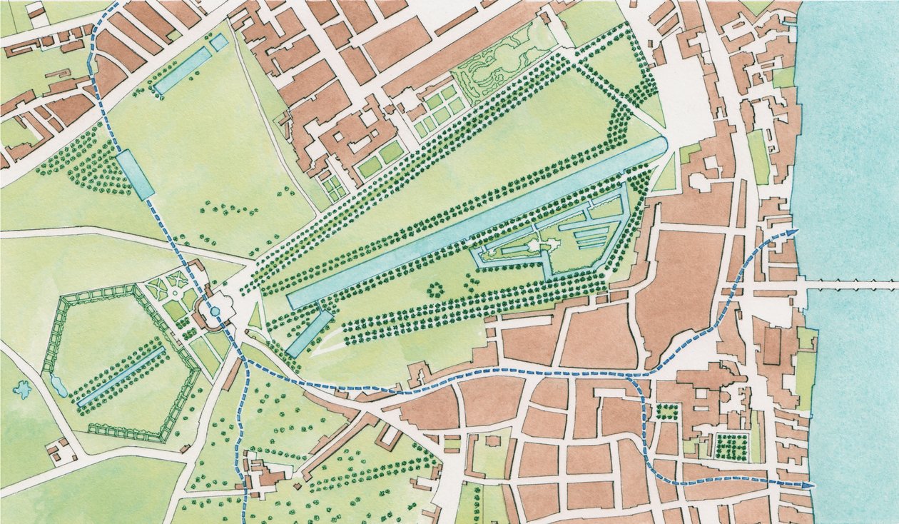 Curso do rio Tyburn, Westminster em 1747 (tinta e aguarela) de Stephen Conlin