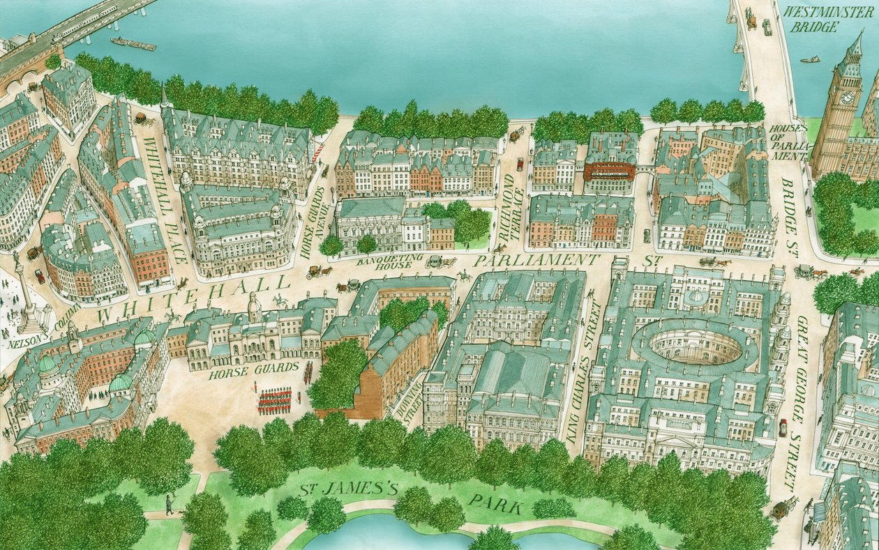Whitehall eduardiano, Londres, c.1890-1905 (desenho de 1995) (tinta, aerógrafo e aguarela) de Stephen Conlin