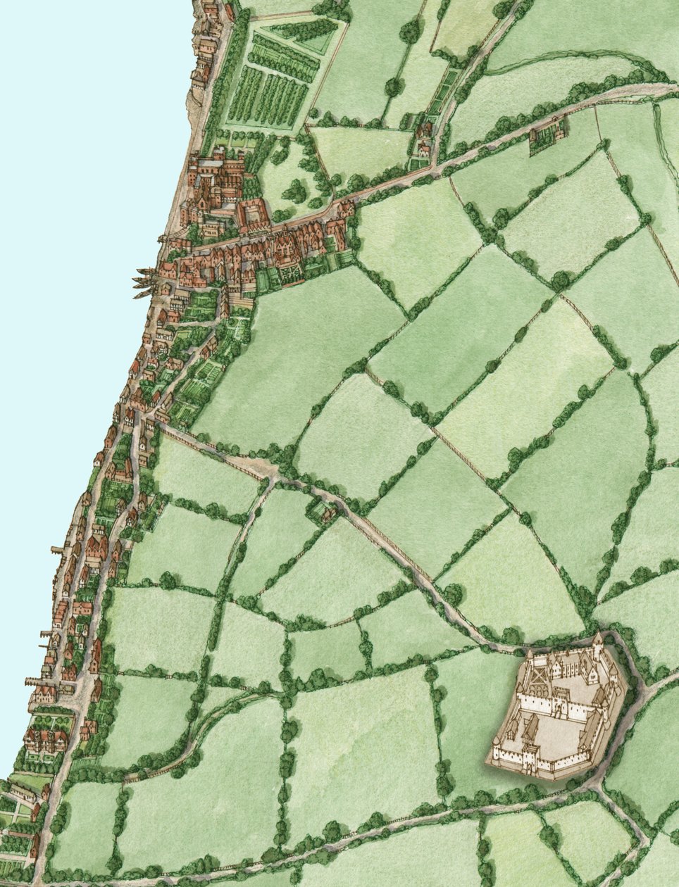 Lambeth e Vauxhall cerca de 1600, com inserção do castelo medieval de Kennington, 2021 (tinta e aguarela, digital) de Stephen Conlin