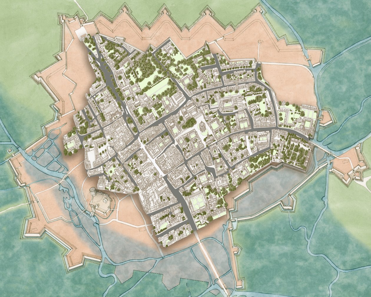 Oxford moderna sobre as defesas da Guerra Civil, c.1644-1646 (tinta, aguarela, edição digital) de Stephen Conlin