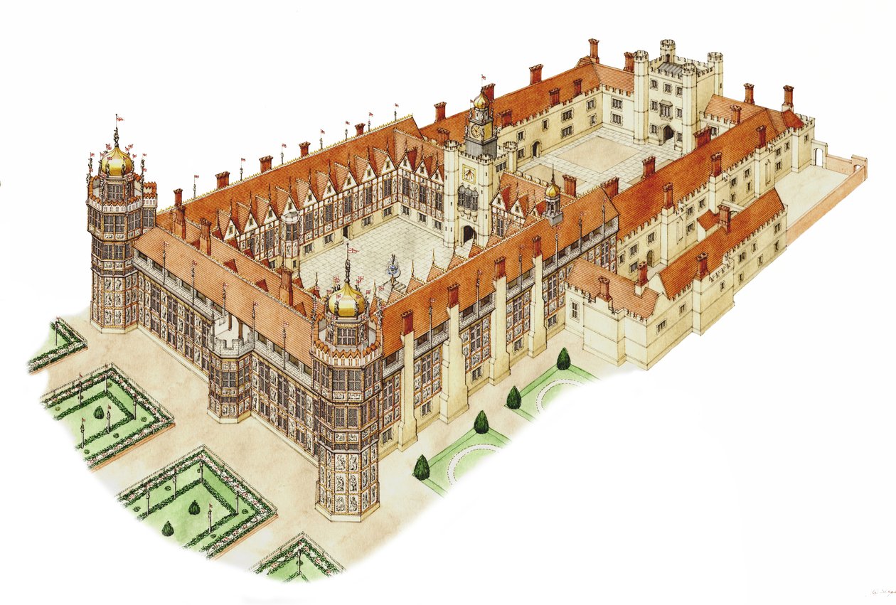 Palácio de Nonsuch, Surrey, c.1540-1600 (tinta e aguarela) de Stephen Conlin
