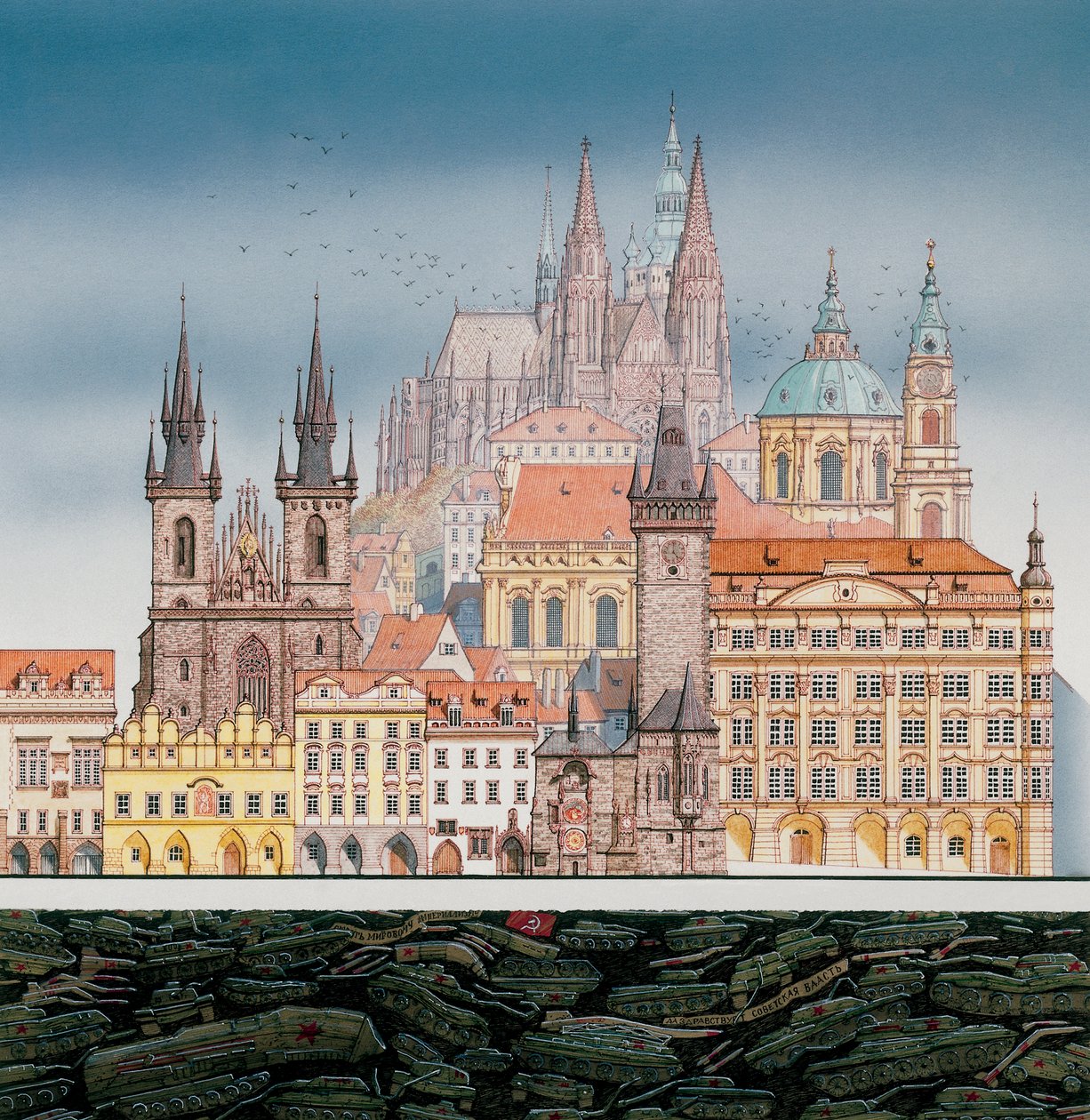 Edifícios de Praga e tanques russos, c.1980-1991 (tinta e aguarela) de Stephen Conlin