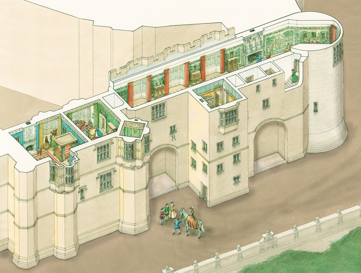 Galeria Norte da Rainha Isabel I no Castelo de Windsor, Berkshire, c.1578-1603 (tinta e aguarela) de Stephen Conlin