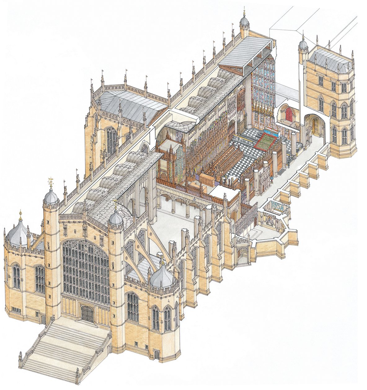 Capela de São Jorge, Windsor, c.1900-2023 (desenho de 2003) (tinta e aguarela) de Stephen Conlin