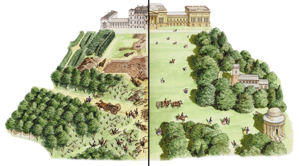 O desenvolvimento dos jardins paisagísticos de Stowe, Buckinghamshire, c.1741-1780 (tinta e aguarela) de Stephen Conlin