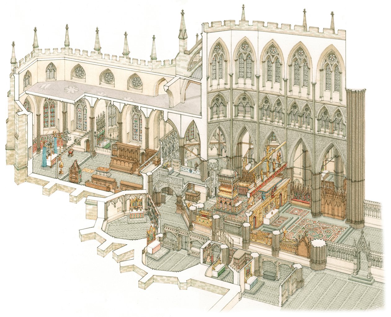 A parte oriental da Abadia de Westminster pouco antes da Reforma, c.1500-1525 (tinta e aguarela) de Stephen Conlin