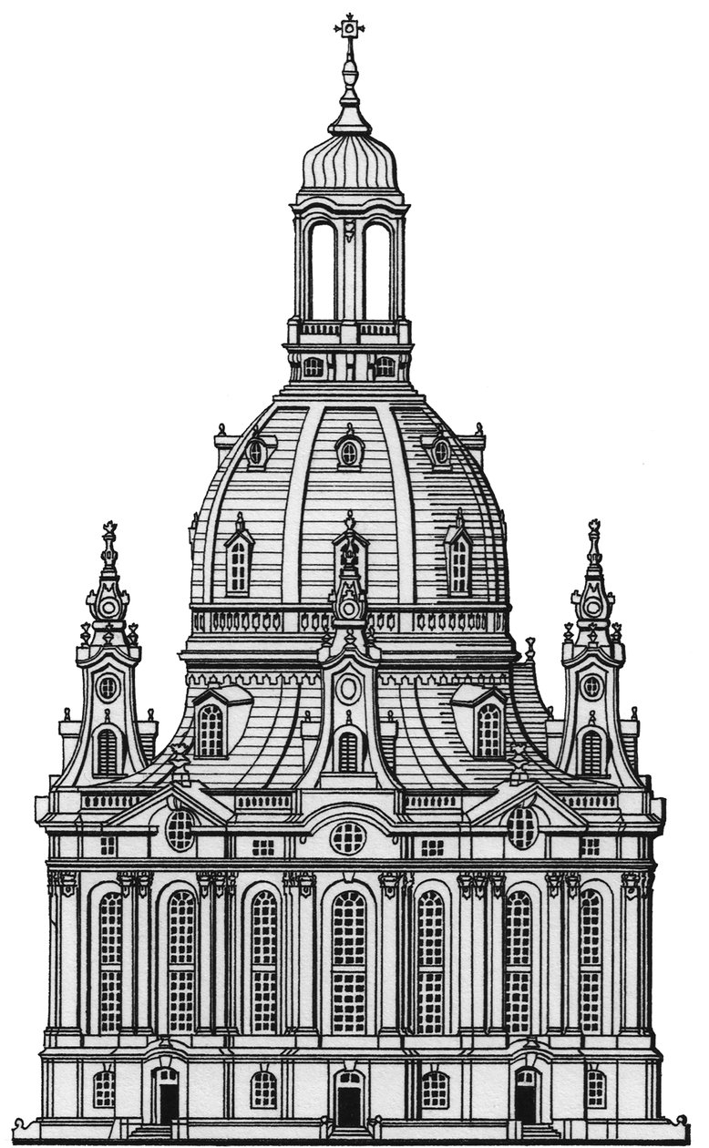 A Frauenkirche, Dresden, c.1730-2023 (desenho de 1994) (tinta) de Stephen Conlin