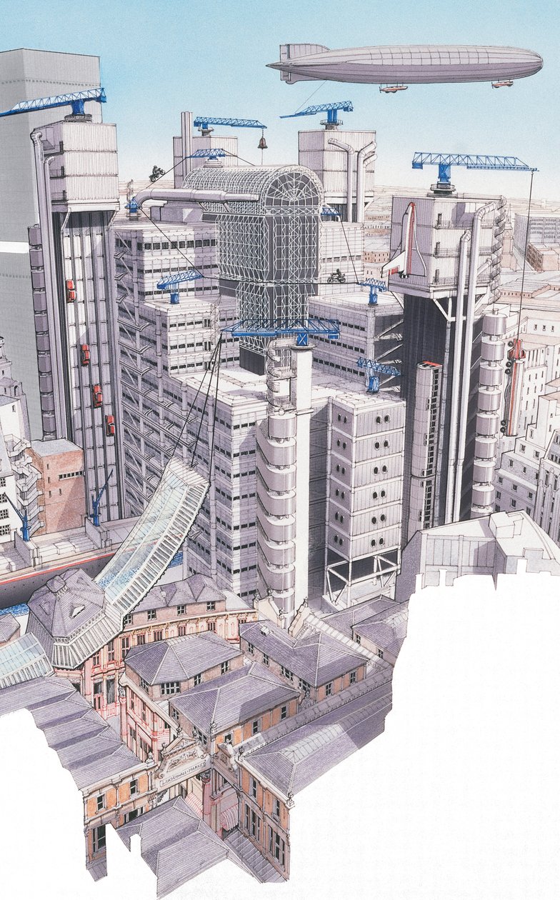 The Lloyds Building, City of London, c.1987-1995 (tinta e aguarela) de Stephen Conlin
