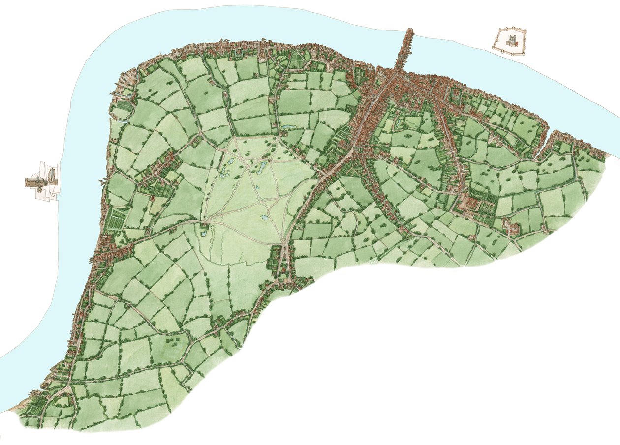 Margem Sul, Londres, entre Vauxhall e Bermondsey, cerca de 1600, 2021 (tinta e aguarela, digital) de Stephen Conlin