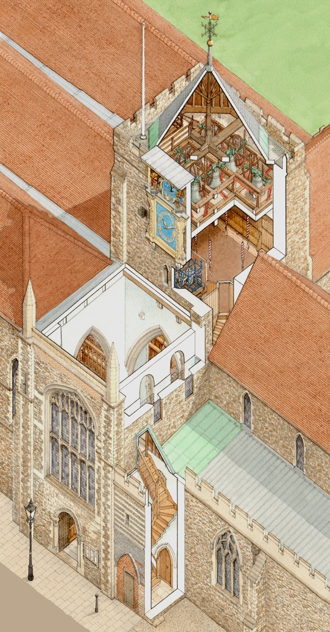 A Torre da Igreja de Santa Maria, Rye, East Sussex, c.1900-2023 (tinta e aguarela) de Stephen Conlin