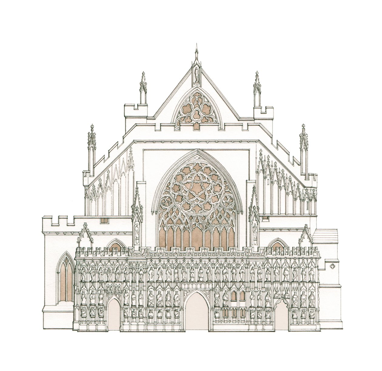 A fachada oeste da Catedral de Exeter, Devon (desenhada em 2002), c.1900-2023 (tinta e aguarela) de Stephen Conlin