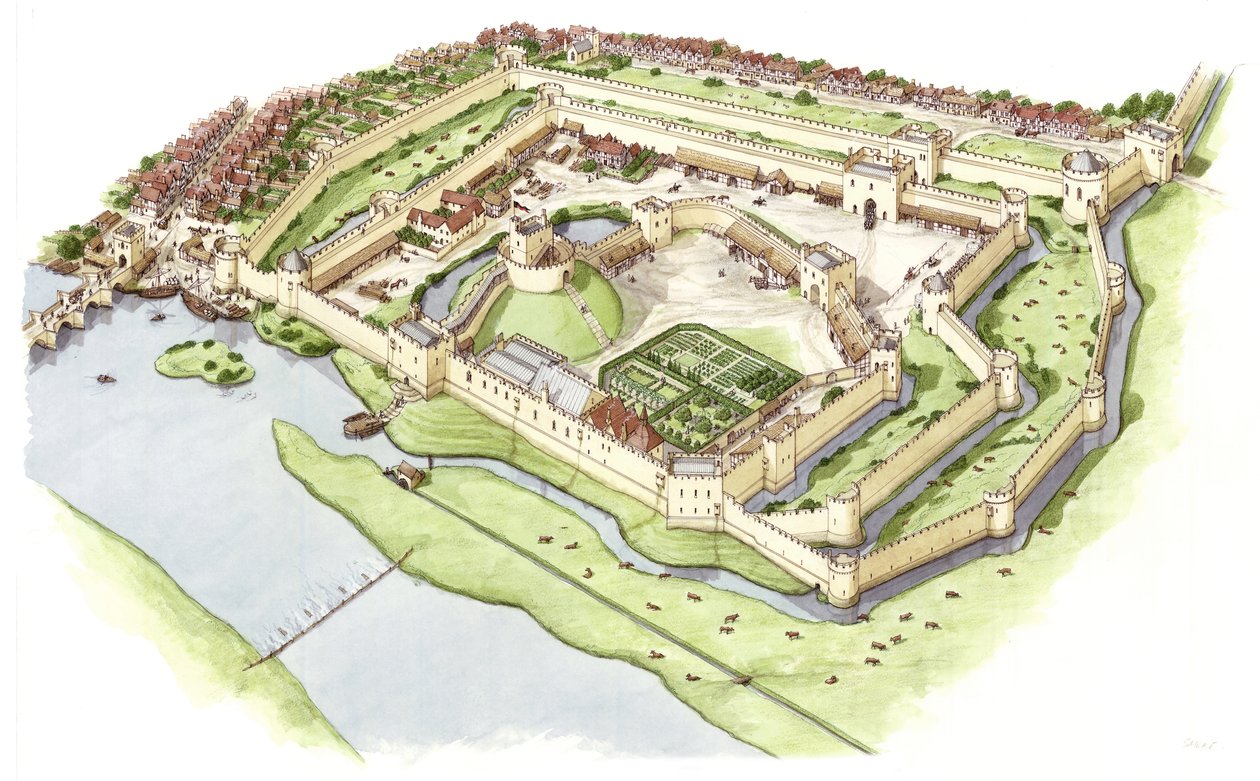 Castelo de Wallingford, Oxfordshire, c.1300-1399 (tinta e aguarela) de Stephen Conlin