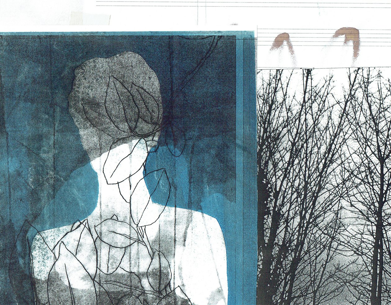 La Foret I, 2016 (mono-impressão e colagem) de Stephen Dow